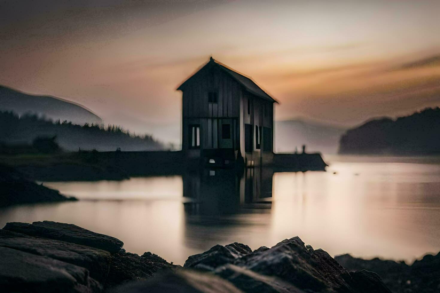 a small house sits on the shore of a lake. AI-Generated photo