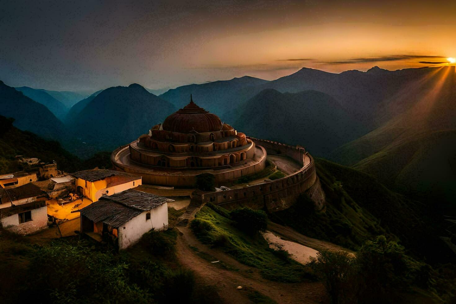 el Dom sube terminado un pequeño templo en el montañas. generado por ai foto