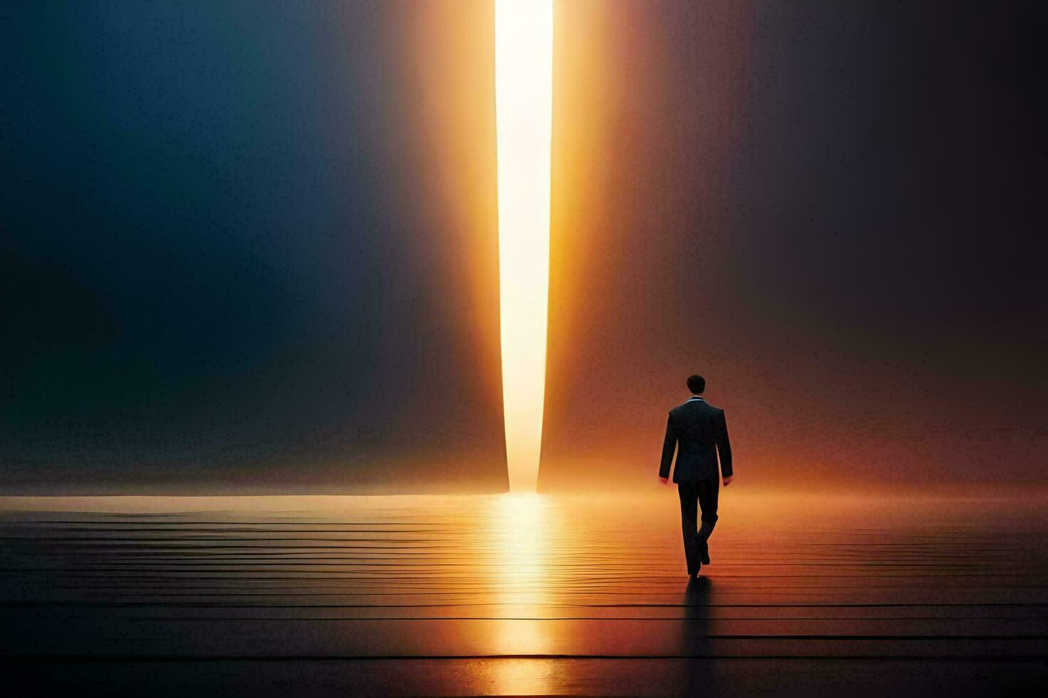 a man in a suit walks towards a light at the end of a long tunnel. AI-Generated photo