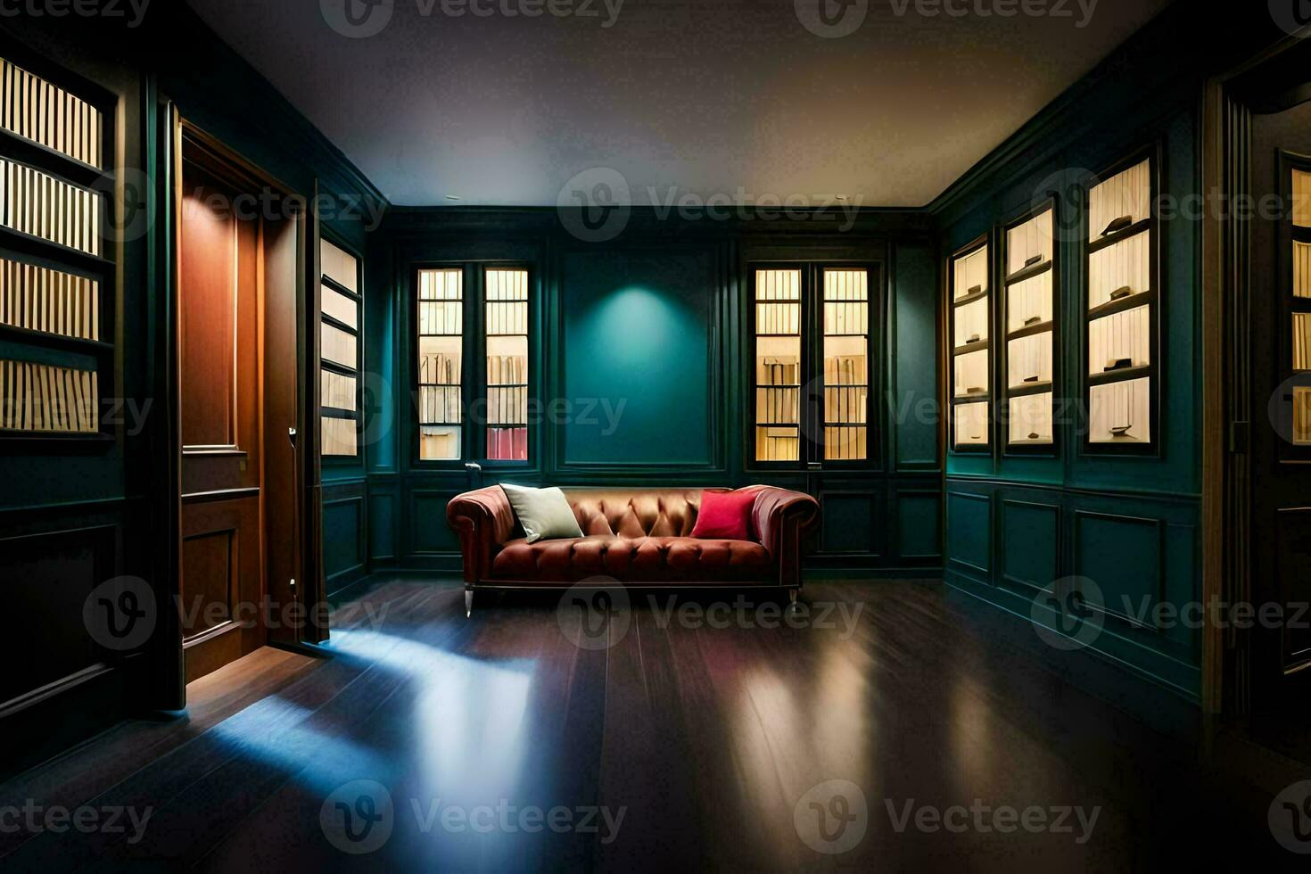 a room with a leather couch and bookshelves. AI-Generated photo