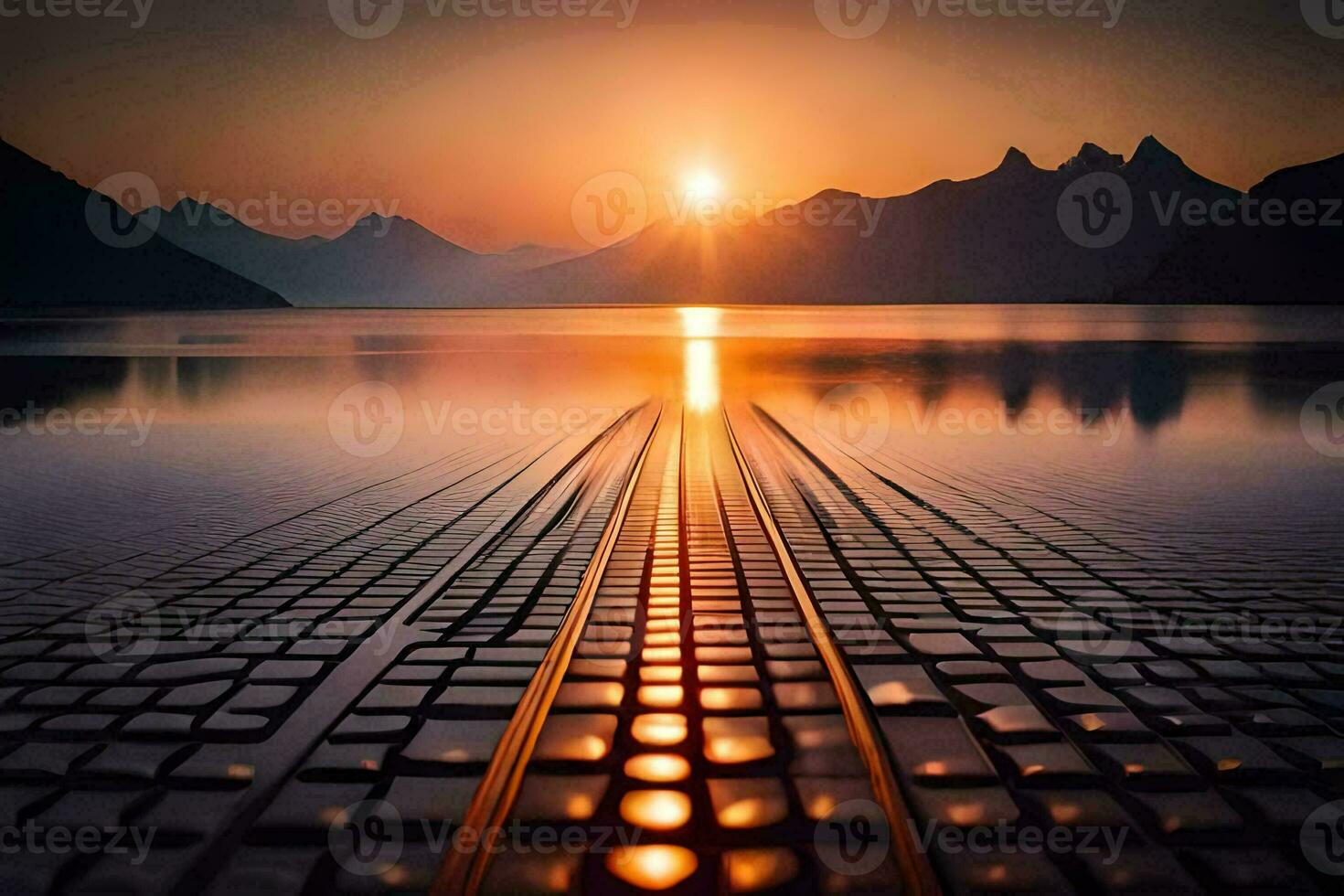 the sun is setting over a lake with a road leading to it. AI-Generated photo