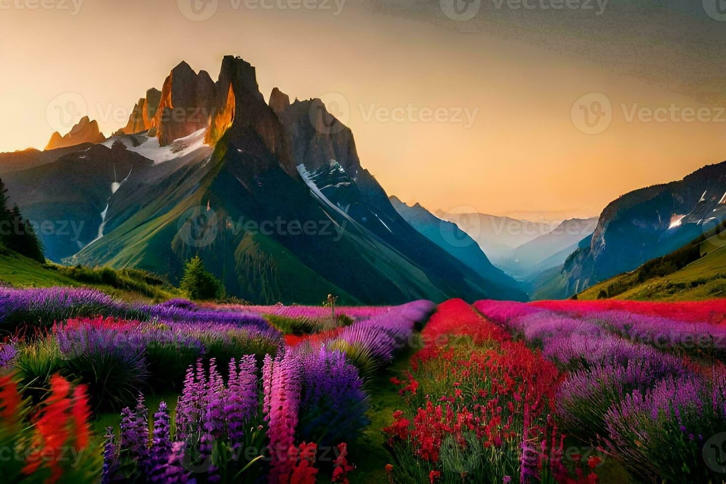 a beautiful field of purple flowers and mountains at sunset. AI-Generated photo