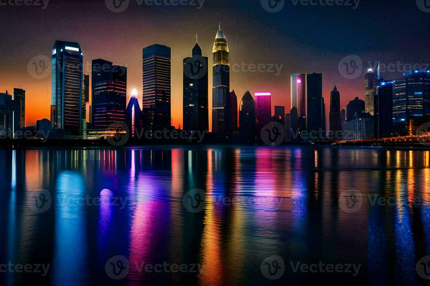 the city skyline is reflected in the water at night. AI-Generated photo