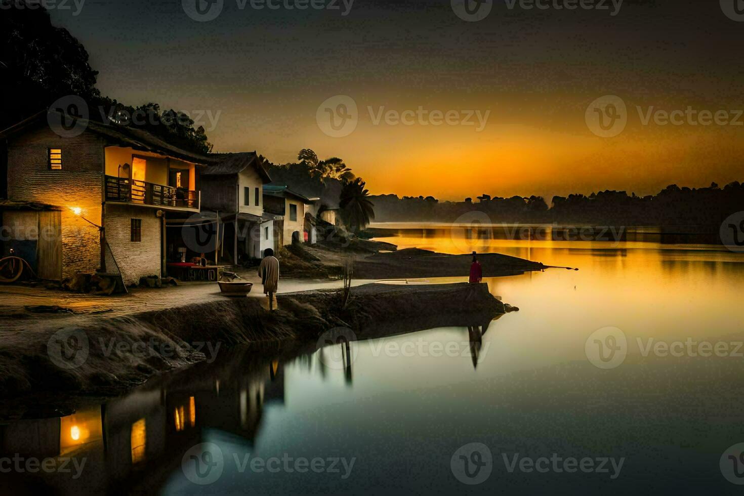 photo wallpaper the sky, water, the sun, the river, the house, the village,. AI-Generated