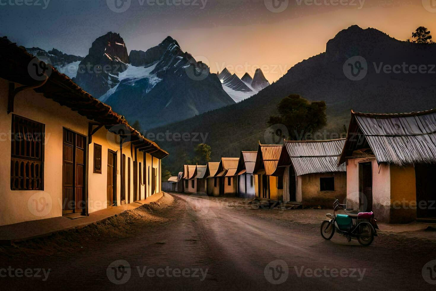 un bicicleta es estacionado en frente de un pequeño aldea. generado por ai foto