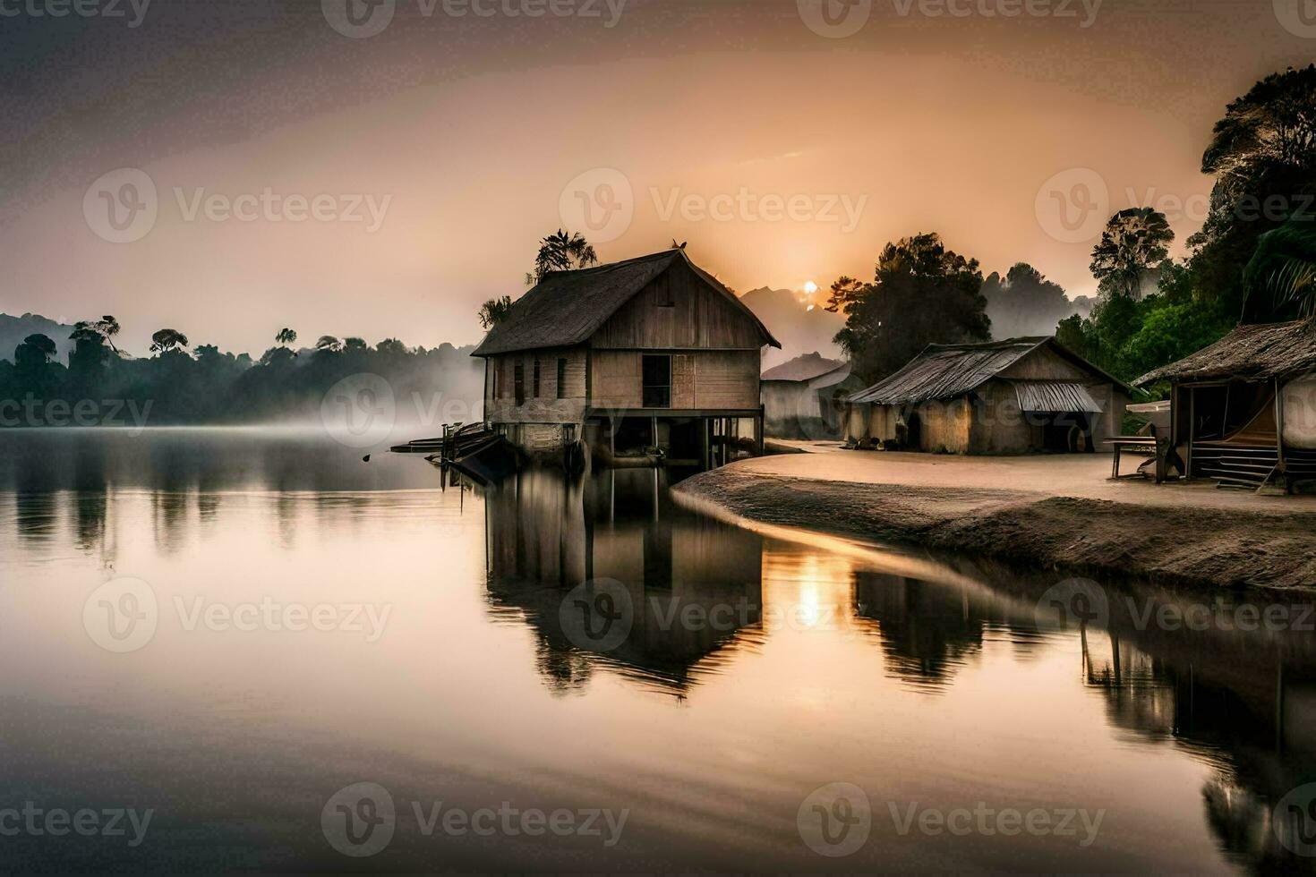 a house sits on the shore of a lake at sunrise. AI-Generated photo