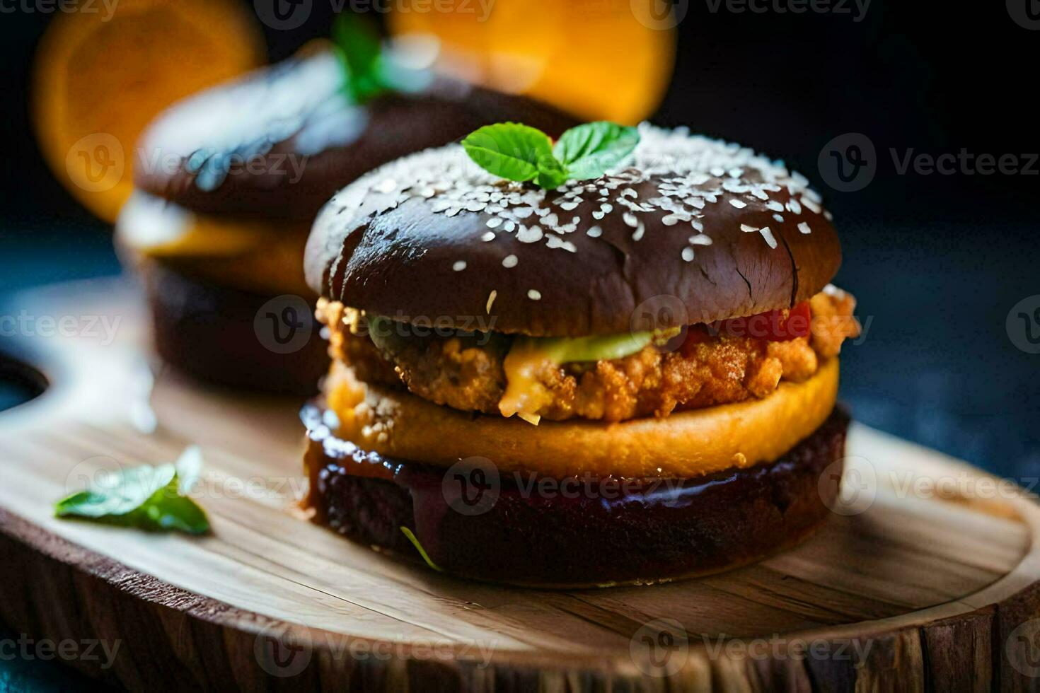 two hamburgers with cheese and vegetables on a wooden cutting board. AI-Generated photo