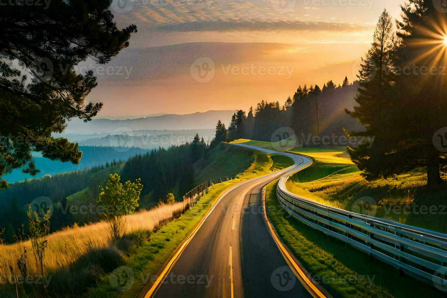 a winding road in the mountains at sunset. AI-Generated photo