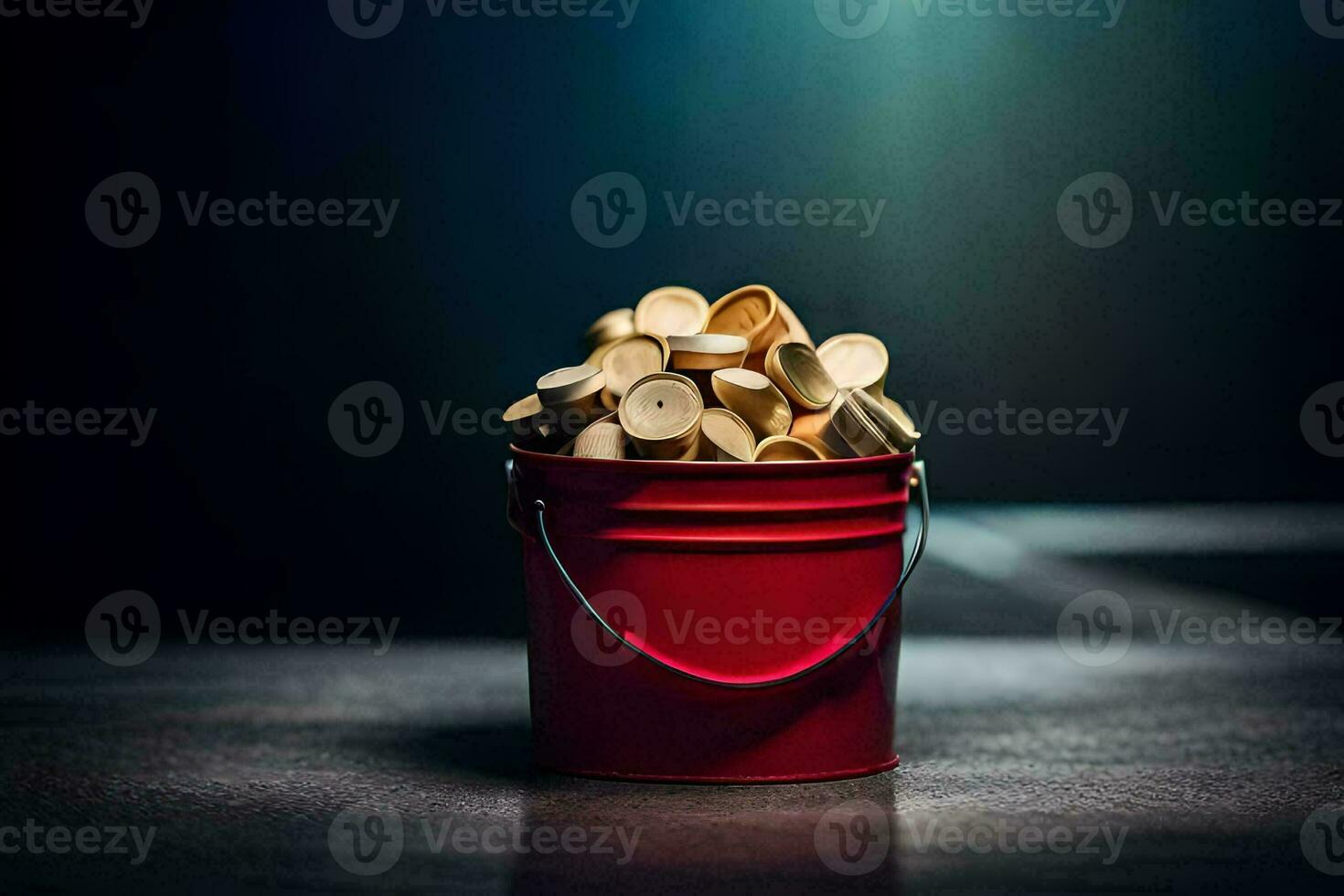 a bucket filled with wood chips on a table. AI-Generated photo