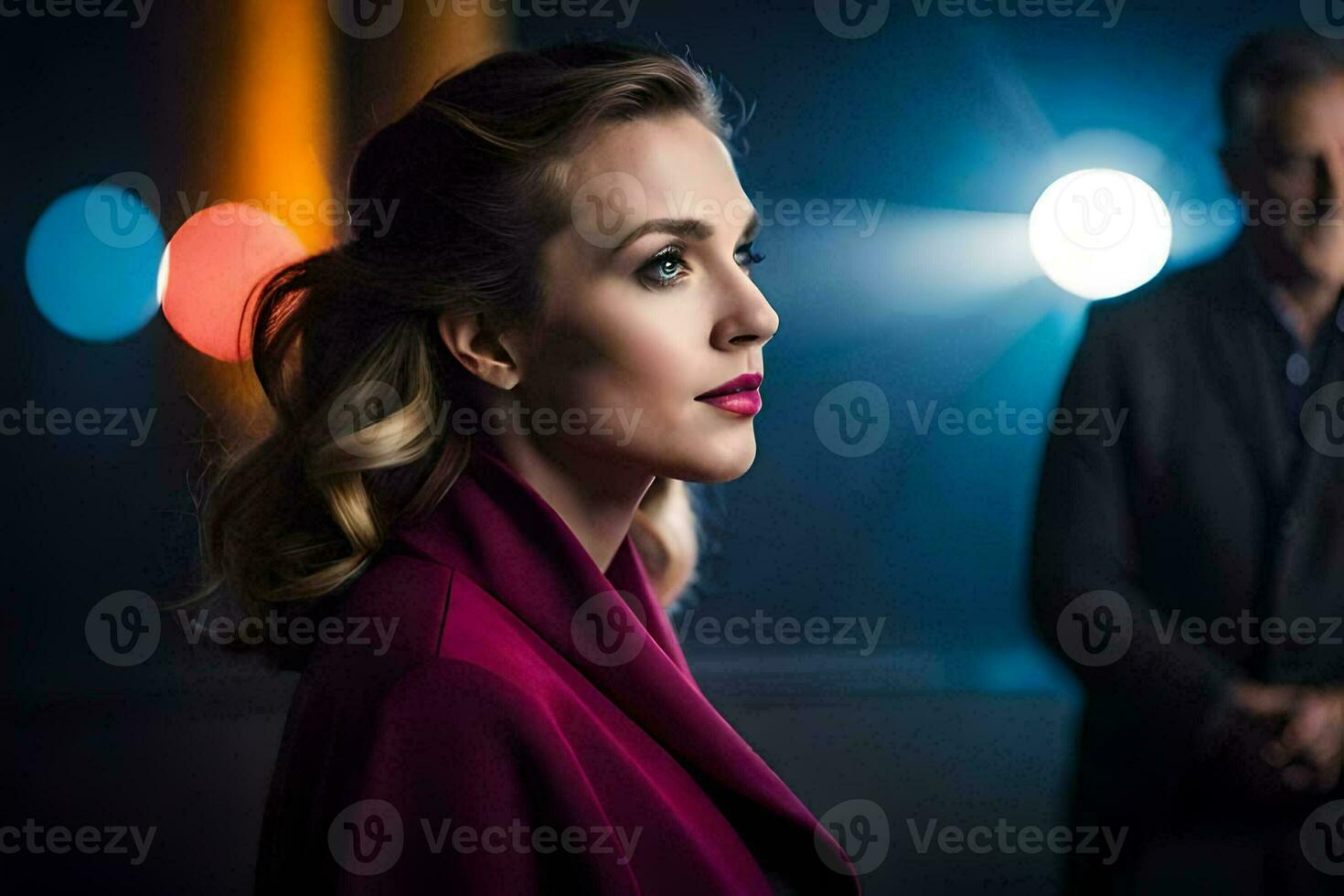 a woman in a red coat standing next to a man in a suit. AI-Generated photo