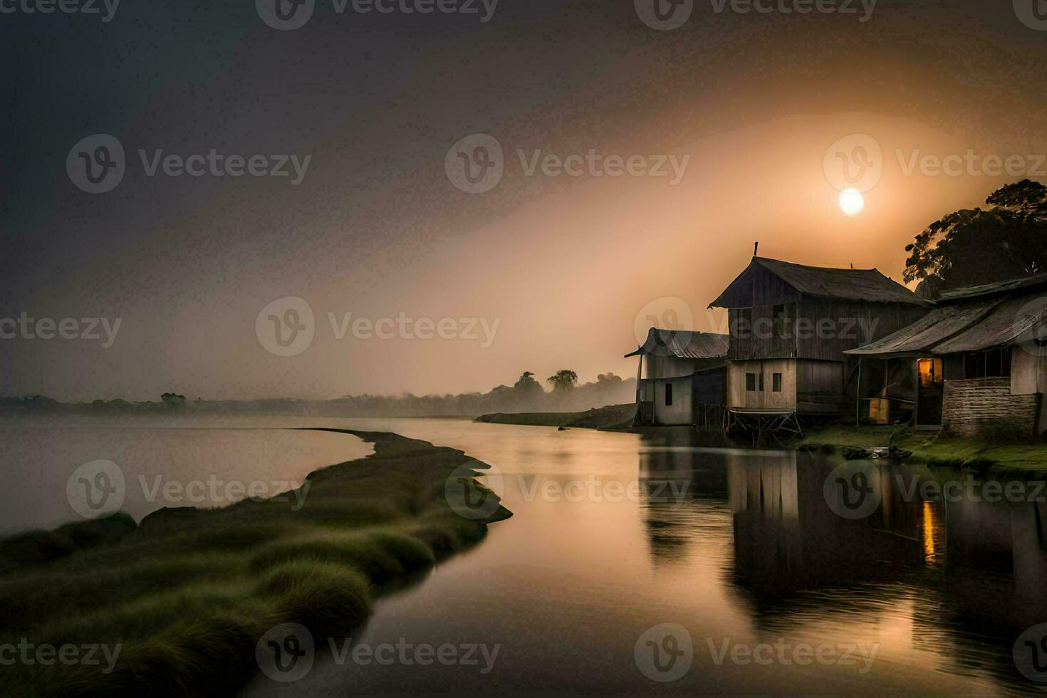 a house sits on the edge of a lake at sunrise. AI-Generated photo