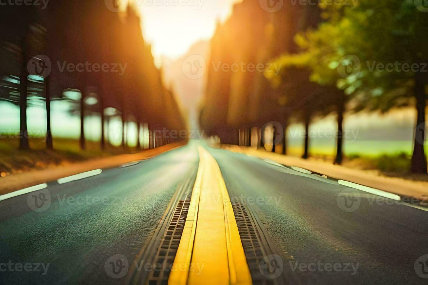 un largo vacío la carretera con arboles en el antecedentes. generado por ai foto