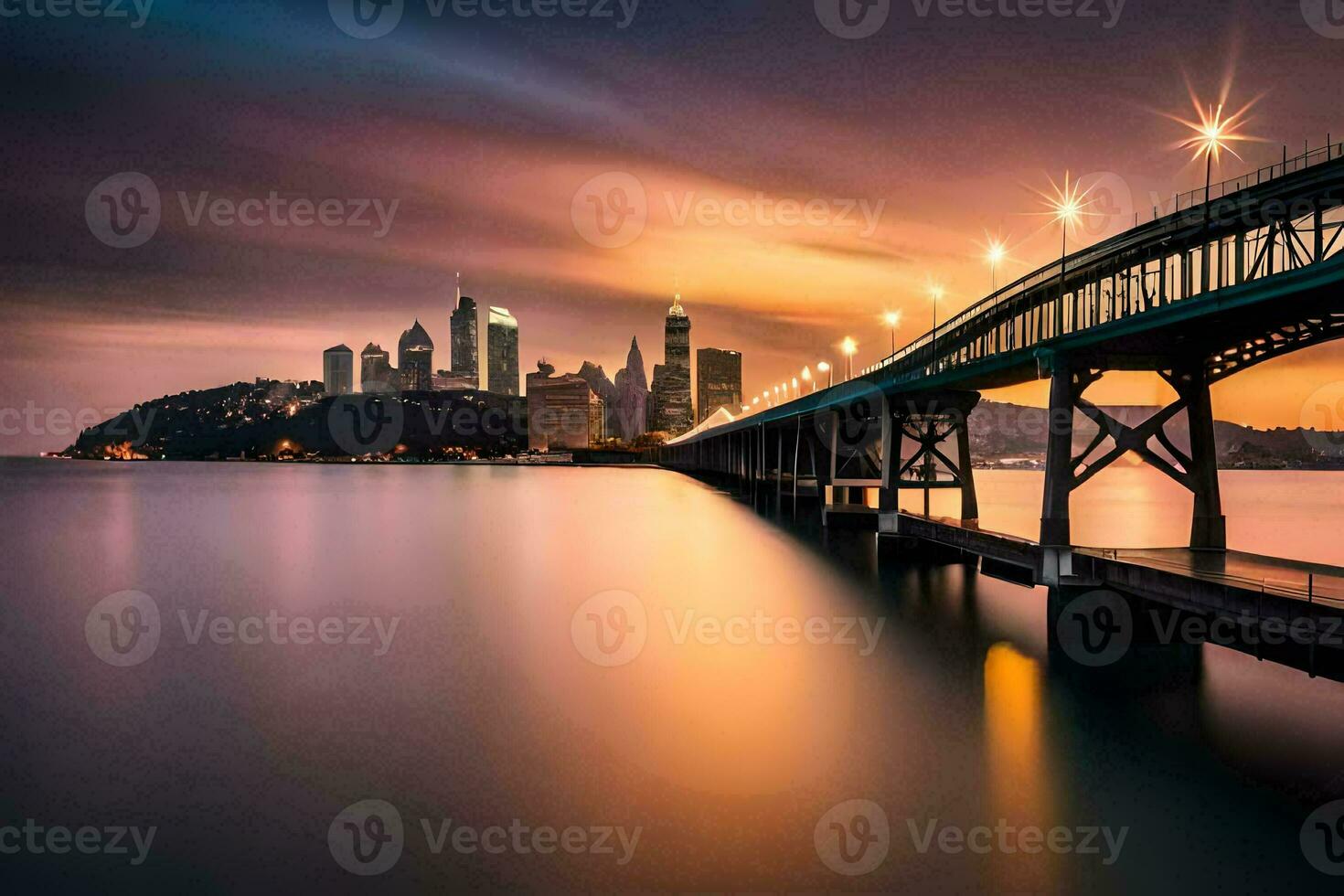 a bridge over water at sunset with a city skyline in the background. AI-Generated photo