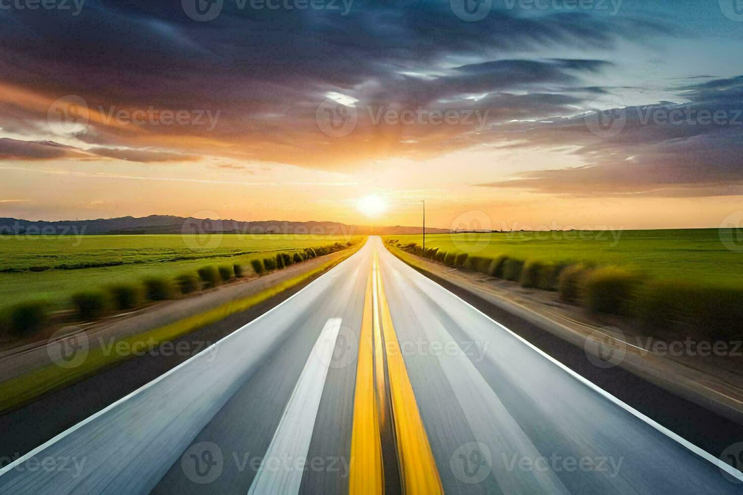 a long road with the sun setting in the distance. AI-Generated photo
