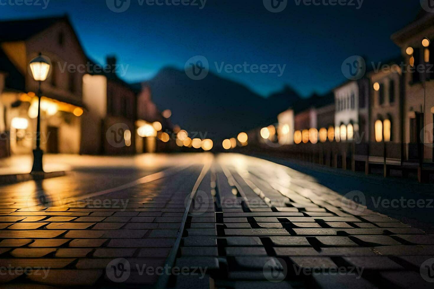 a street at night with lights on the street. AI-Generated photo