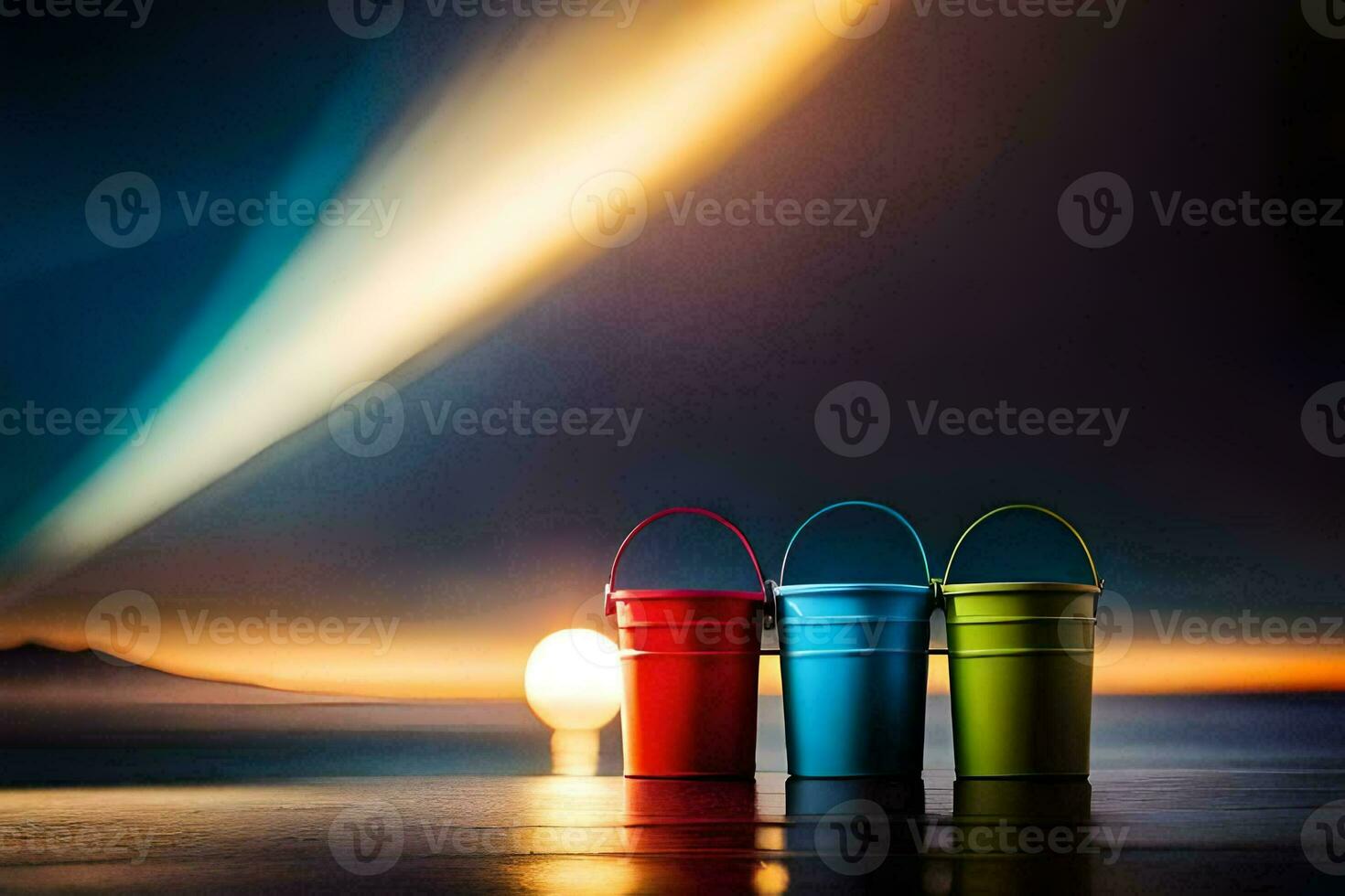 three colorful buckets sit on the beach at night. AI-Generated photo