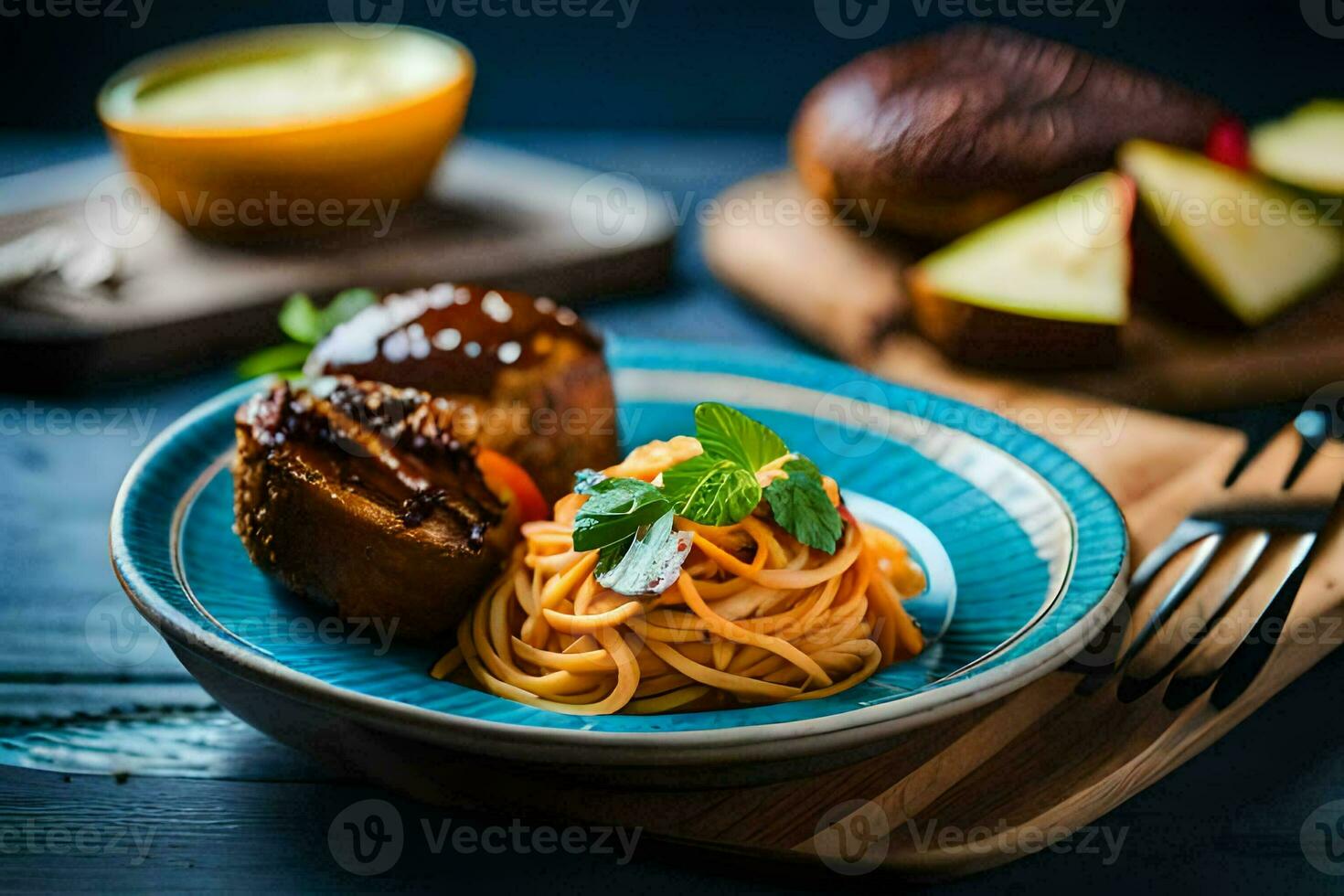 the food is served on a plate with a fork and a knife. AI-Generated photo