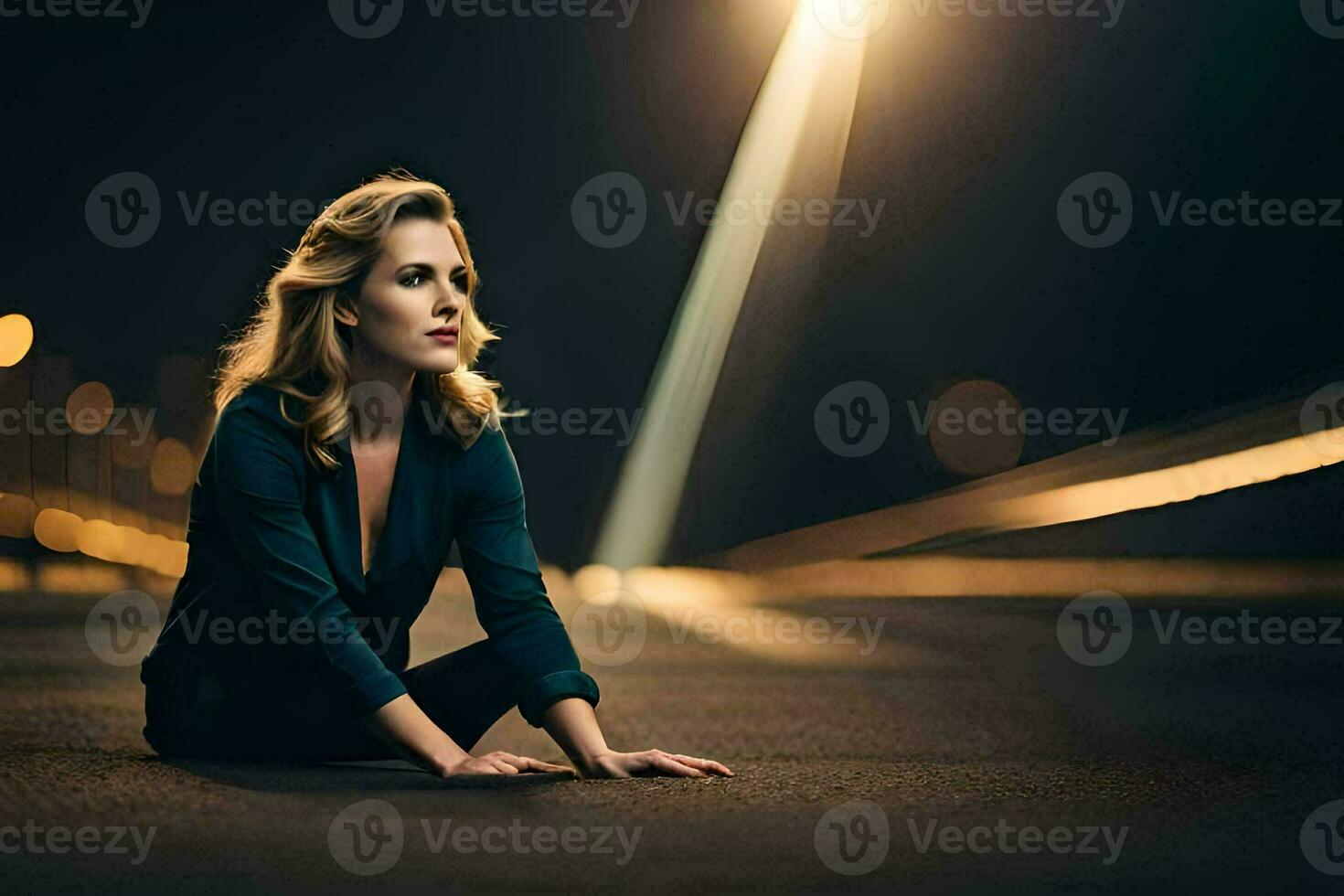 a woman sitting on the ground at night. AI-Generated photo