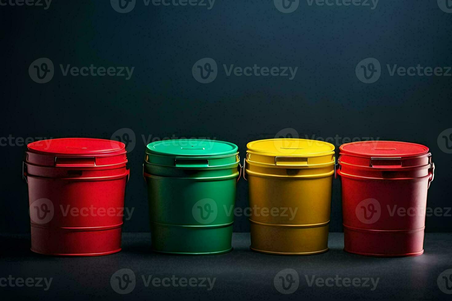 four colorful plastic buckets on a dark background. AI-Generated photo