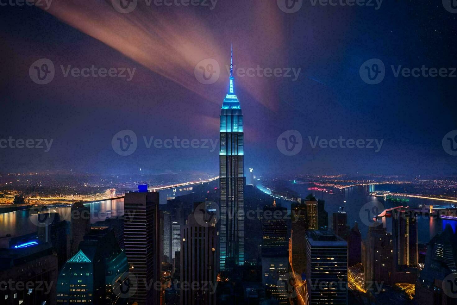 the empire state building is lit up in blue and white. AI-Generated photo