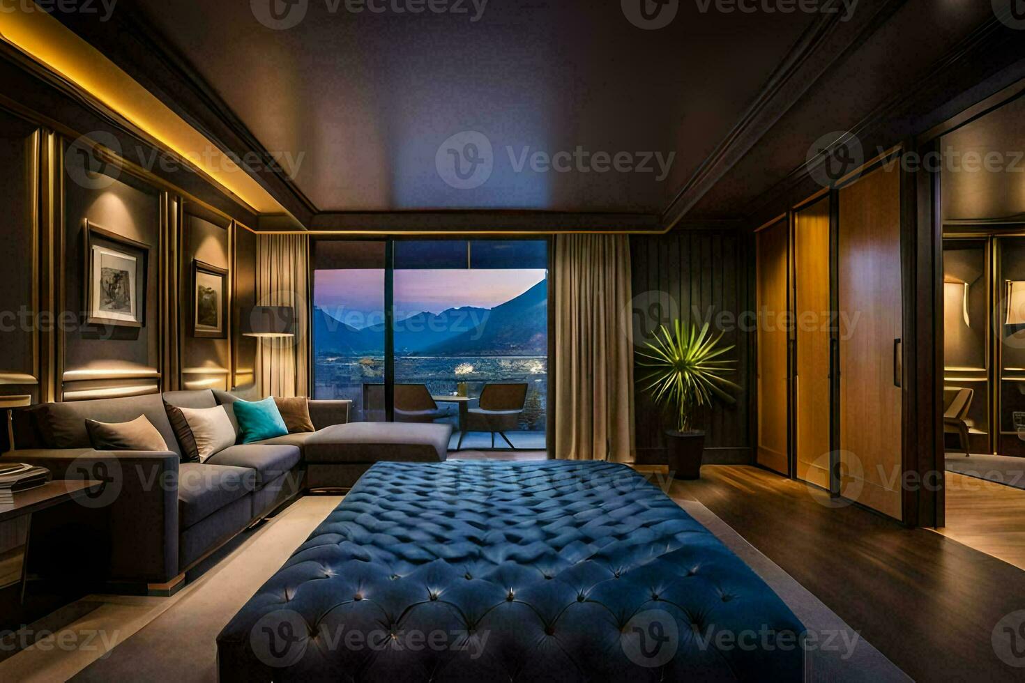 a hotel room with a bed, couch and a view of mountains. AI-Generated photo