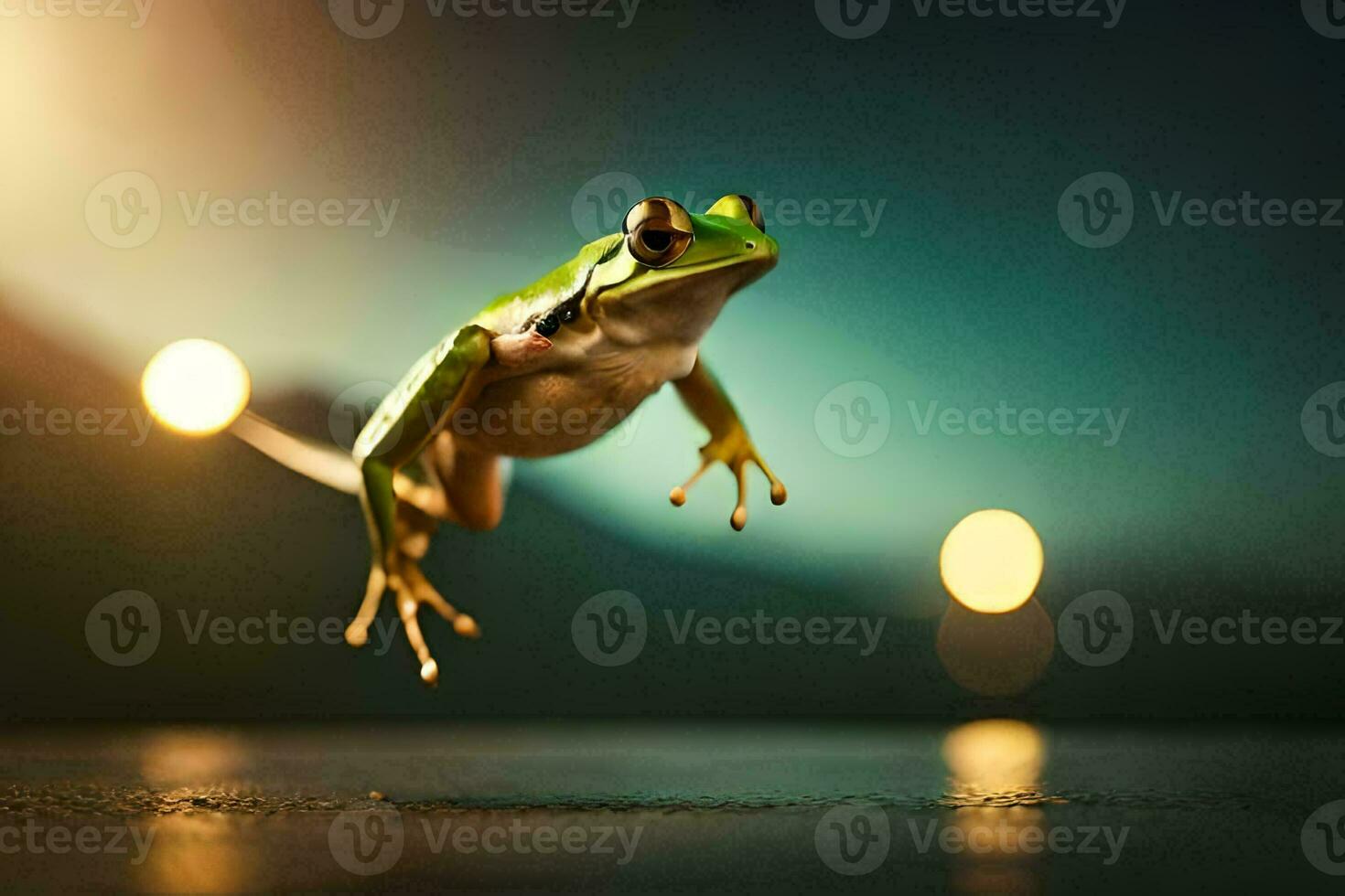 a frog jumping in the air with its legs spread. AI-Generated photo