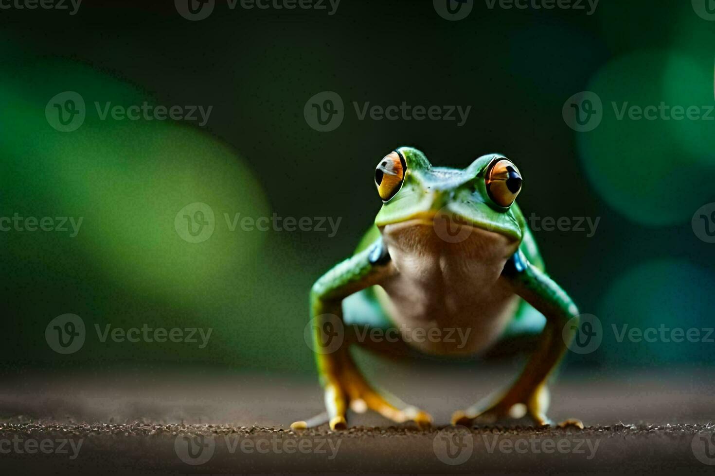 a frog is standing on a wooden surface. AI-Generated photo