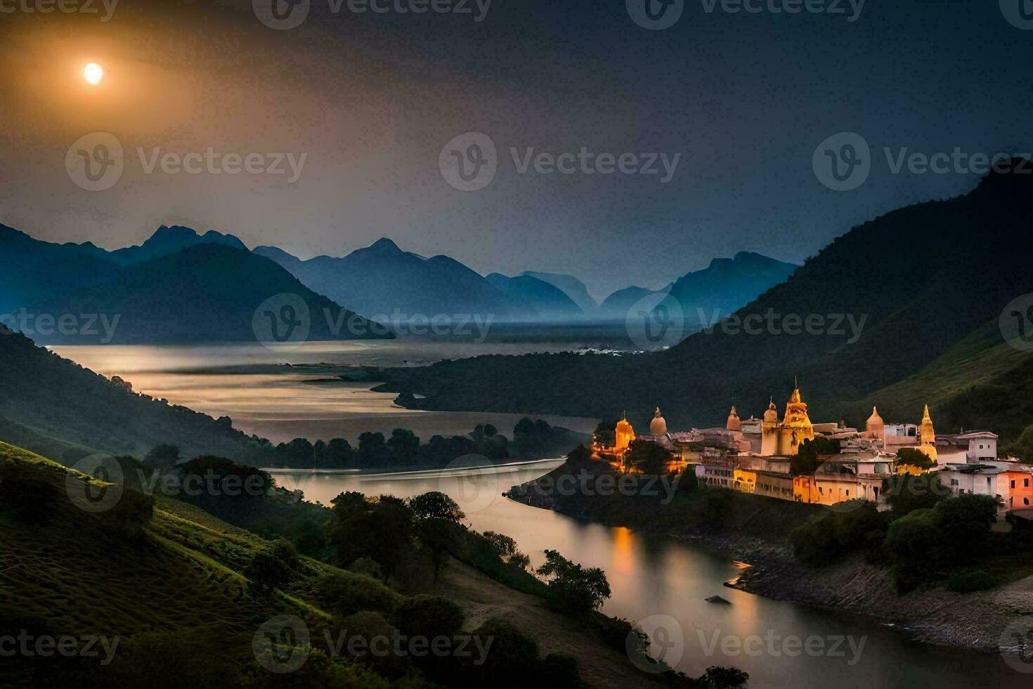 foto fondo de pantalla el luna, montañas, río, el luna, el cielo, el montañas, el. generado por ai