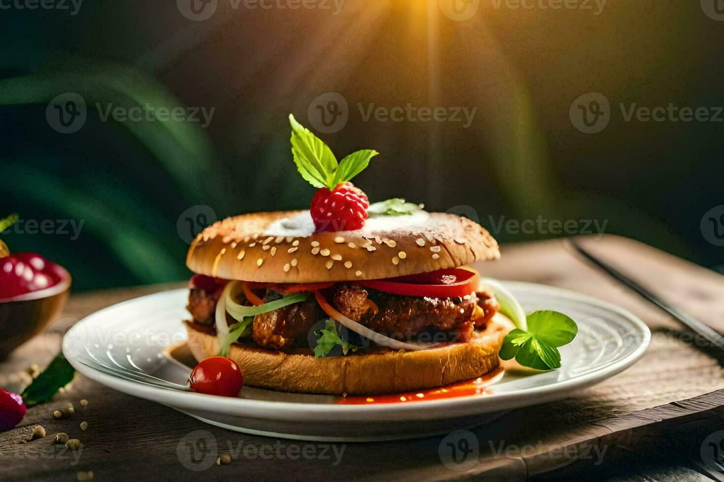 a hamburger with vegetables and a cherry on top. AI-Generated photo
