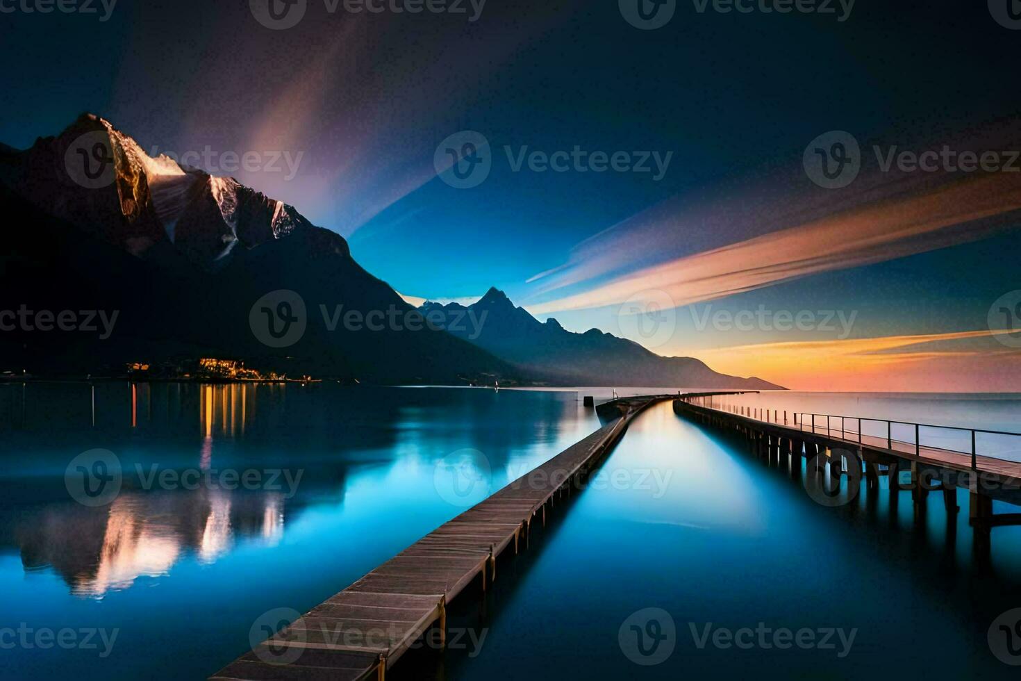 a pier in the middle of a lake at sunset. AI-Generated photo