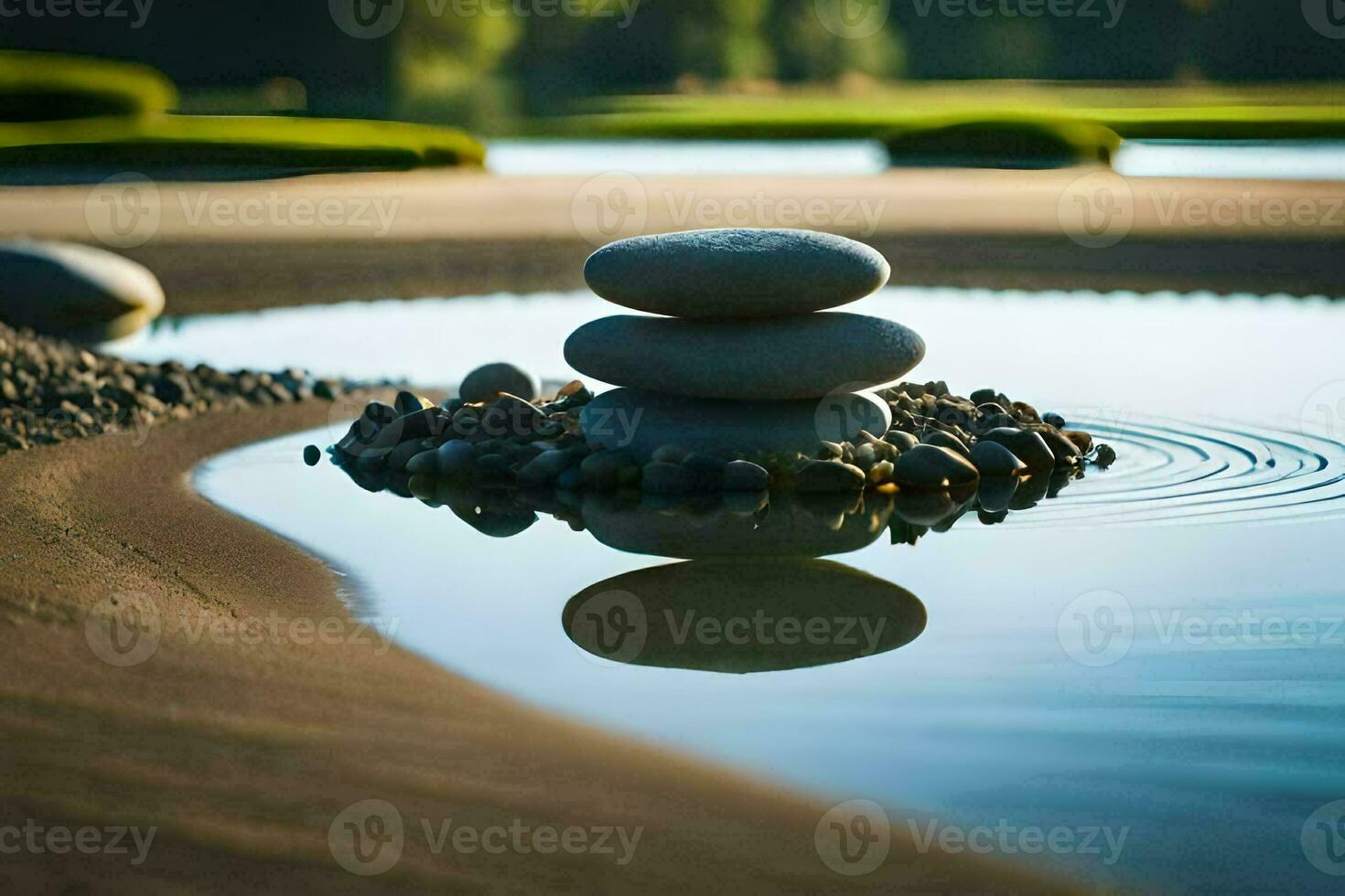 a stack of stones sitting on top of a pond. AI-Generated photo