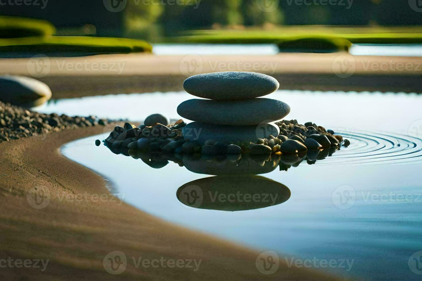 un apilar de piedras sentado en parte superior de un estanque. generado por ai foto