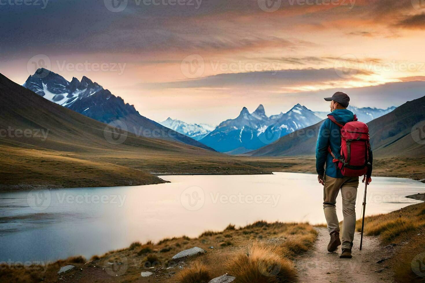 a man with a backpack walks along a path near a lake. AI-Generated photo