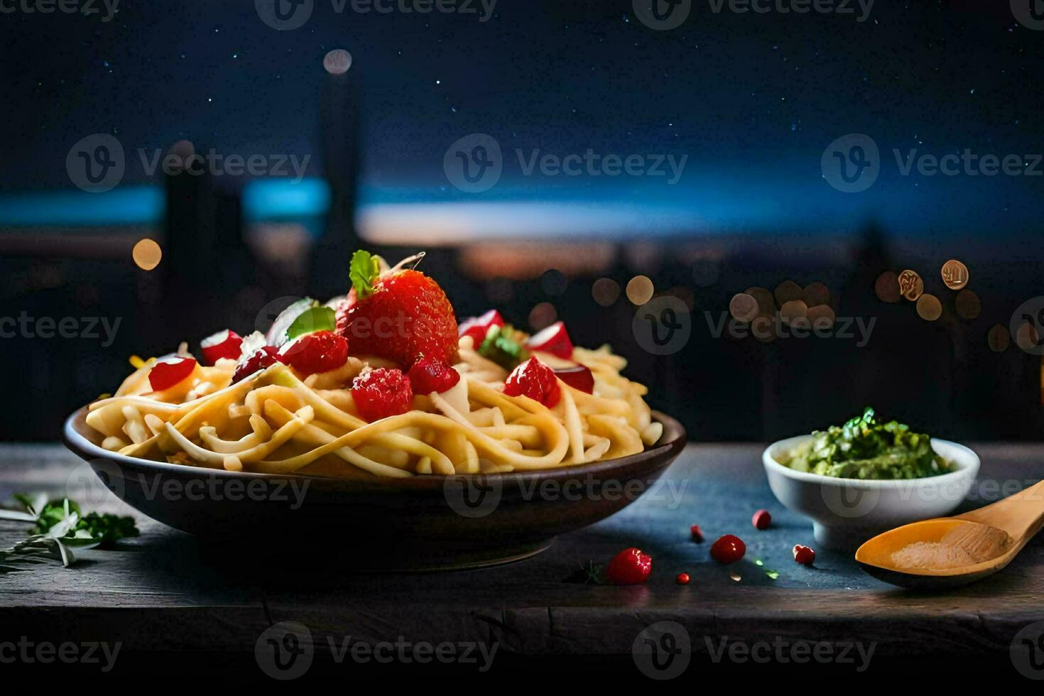 pasta with strawberries and basil on a wooden table in the city. AI-Generated photo