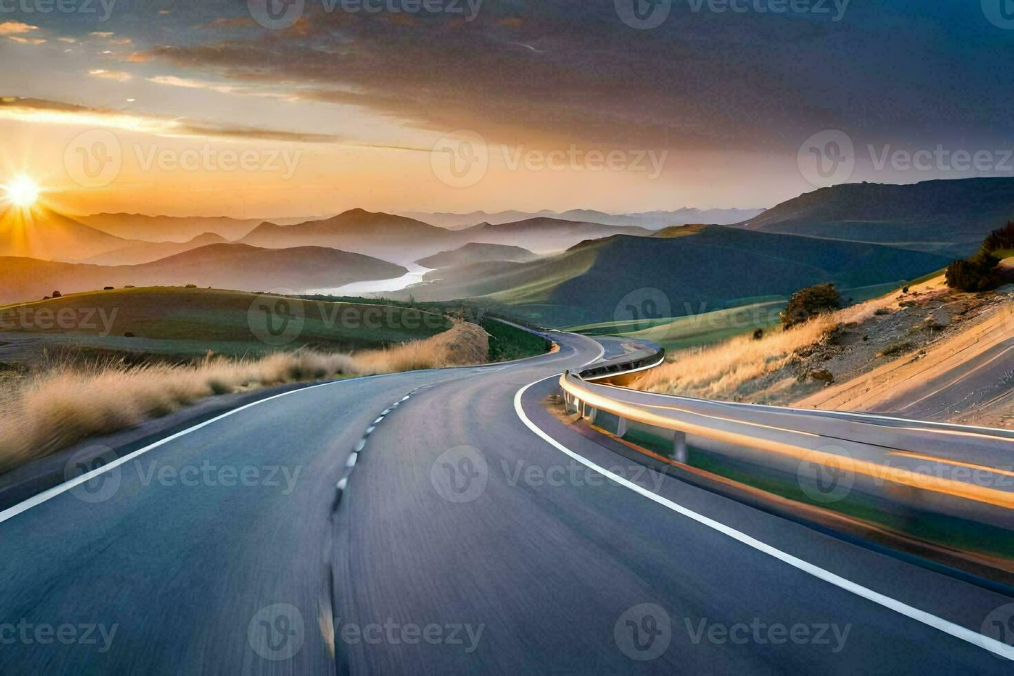 a road with the sun setting over mountains. AI-Generated photo