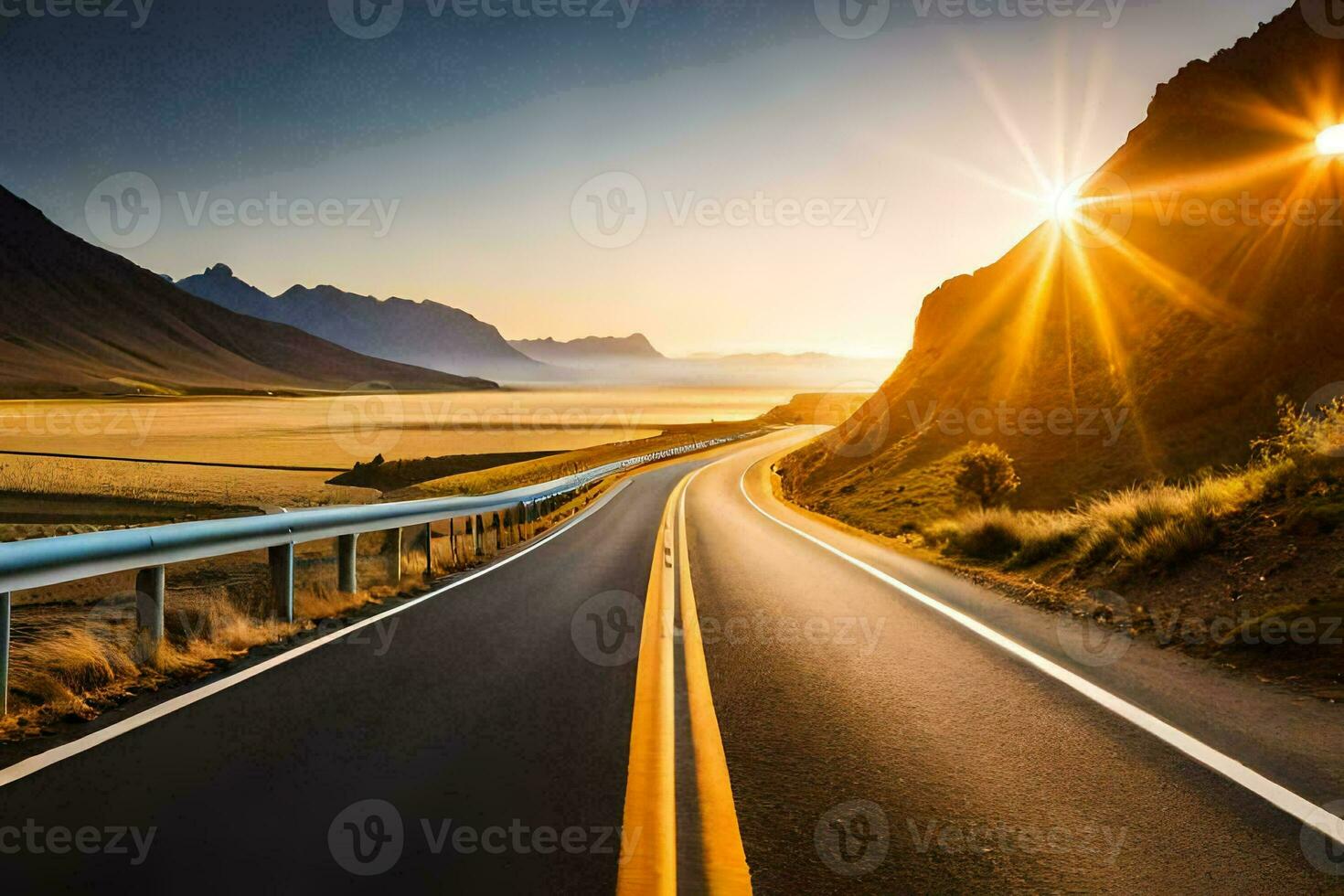 the sun shines over a road in the middle of a valley. AI-Generated photo