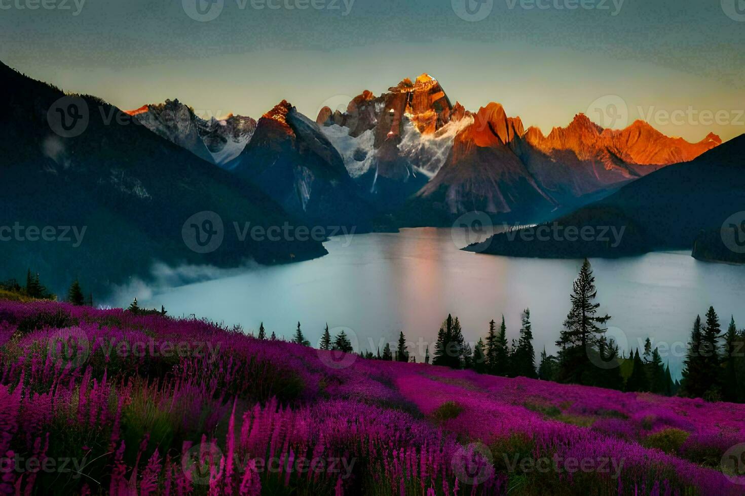 the sun rises over the mountains and lake. AI-Generated photo