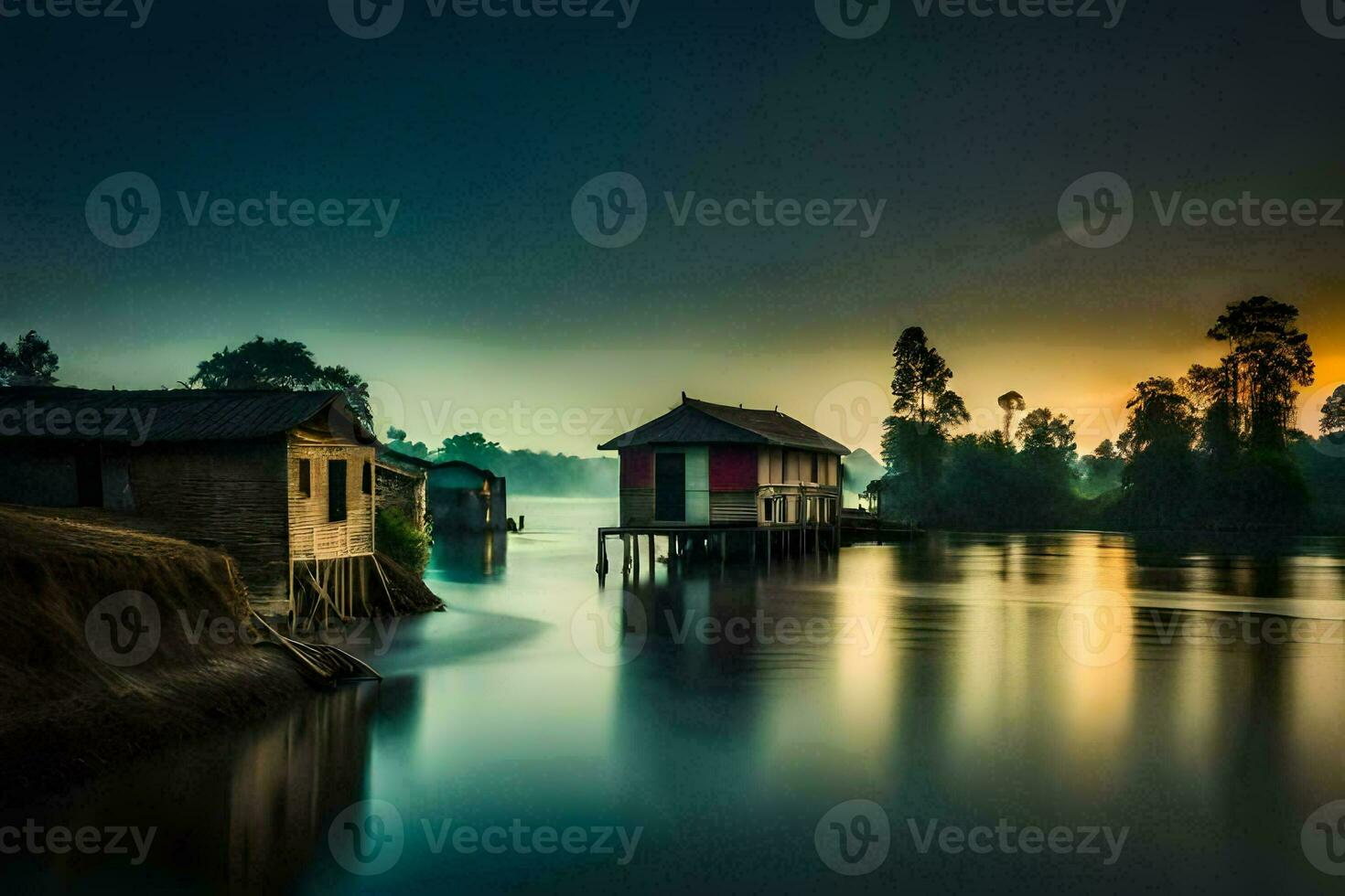 a house on stilts in the middle of a river. AI-Generated photo