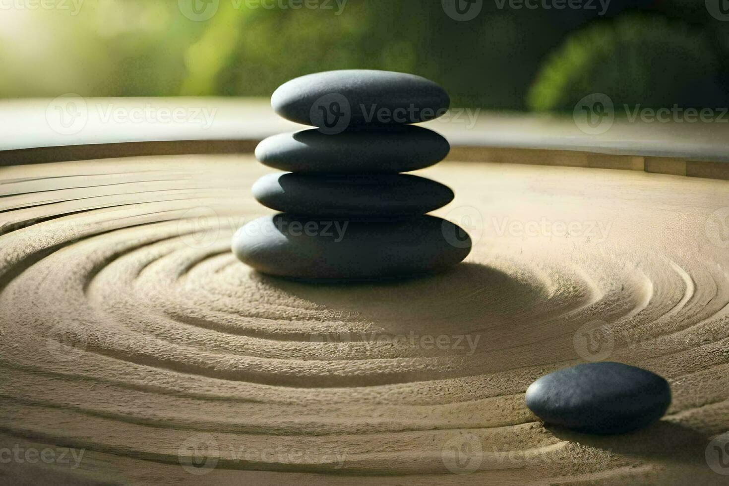 a zen garden with stones and a rock. AI-Generated photo