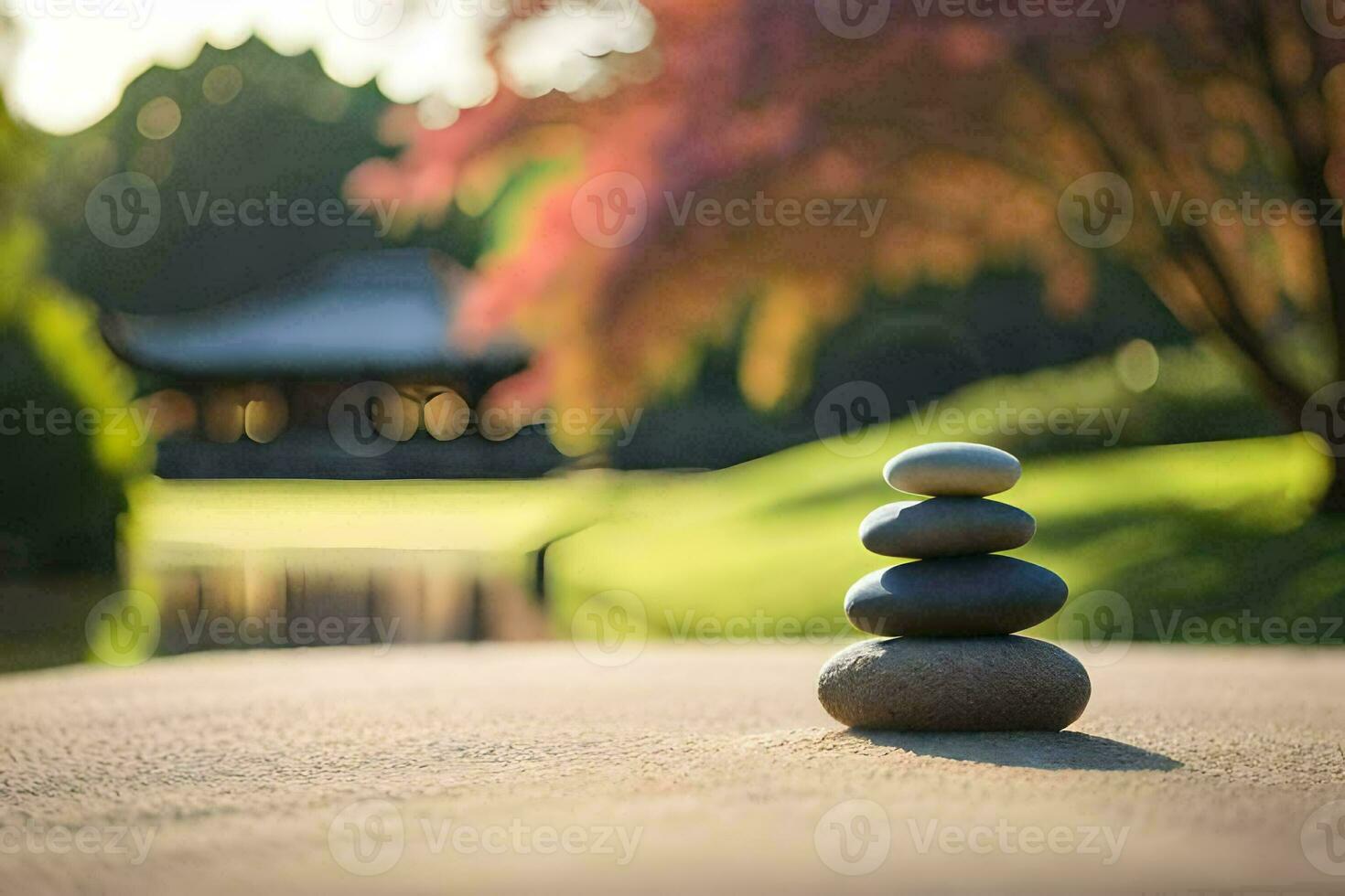 a stack of stones sitting on the ground in front of a pond. AI-Generated photo