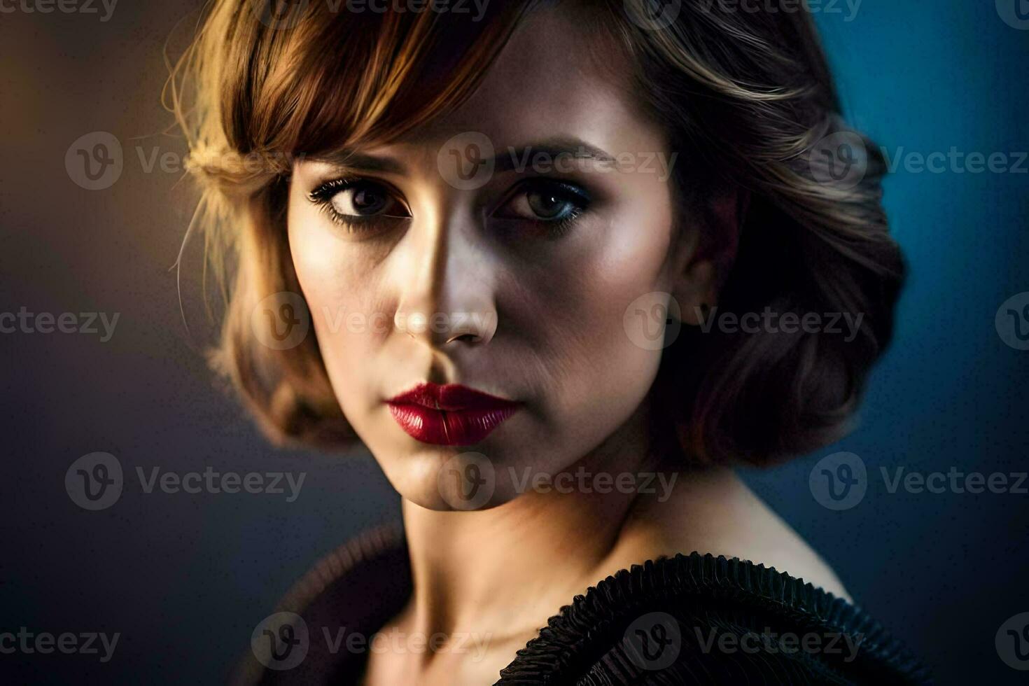a woman with red lipstick and short hair. AI-Generated photo