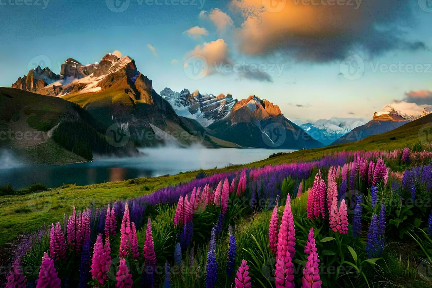 the mountains are covered in purple flowers and the lake is surrounded by mountains. AI-Generated photo