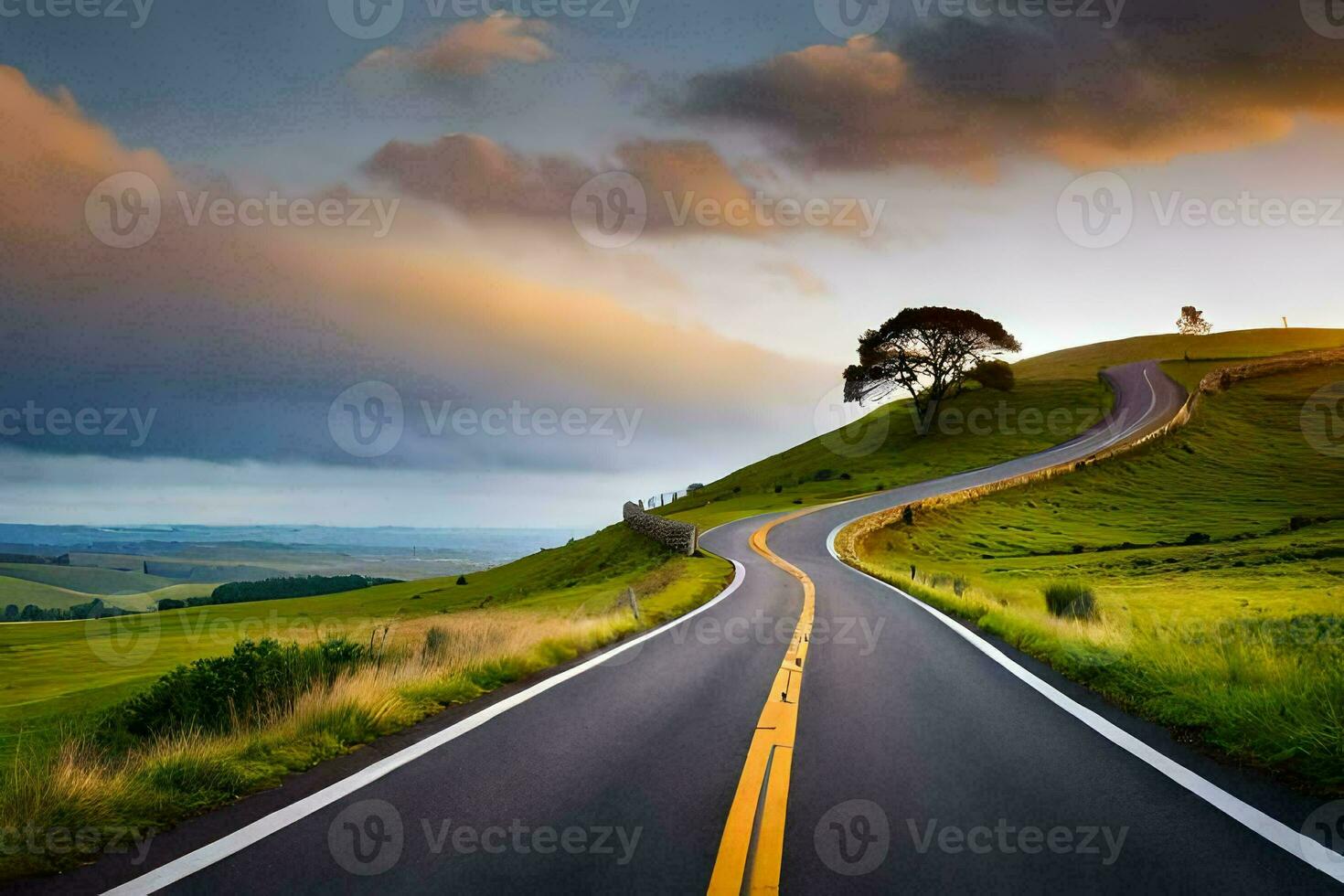 a long road with a tree on the side. AI-Generated photo