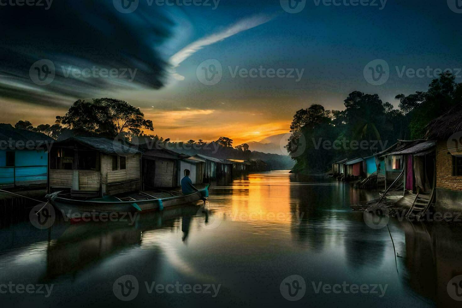 a boat is docked in front of a house at sunset. AI-Generated photo