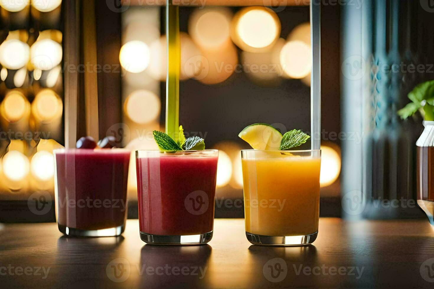 three different drinks are lined up on a table. AI-Generated photo