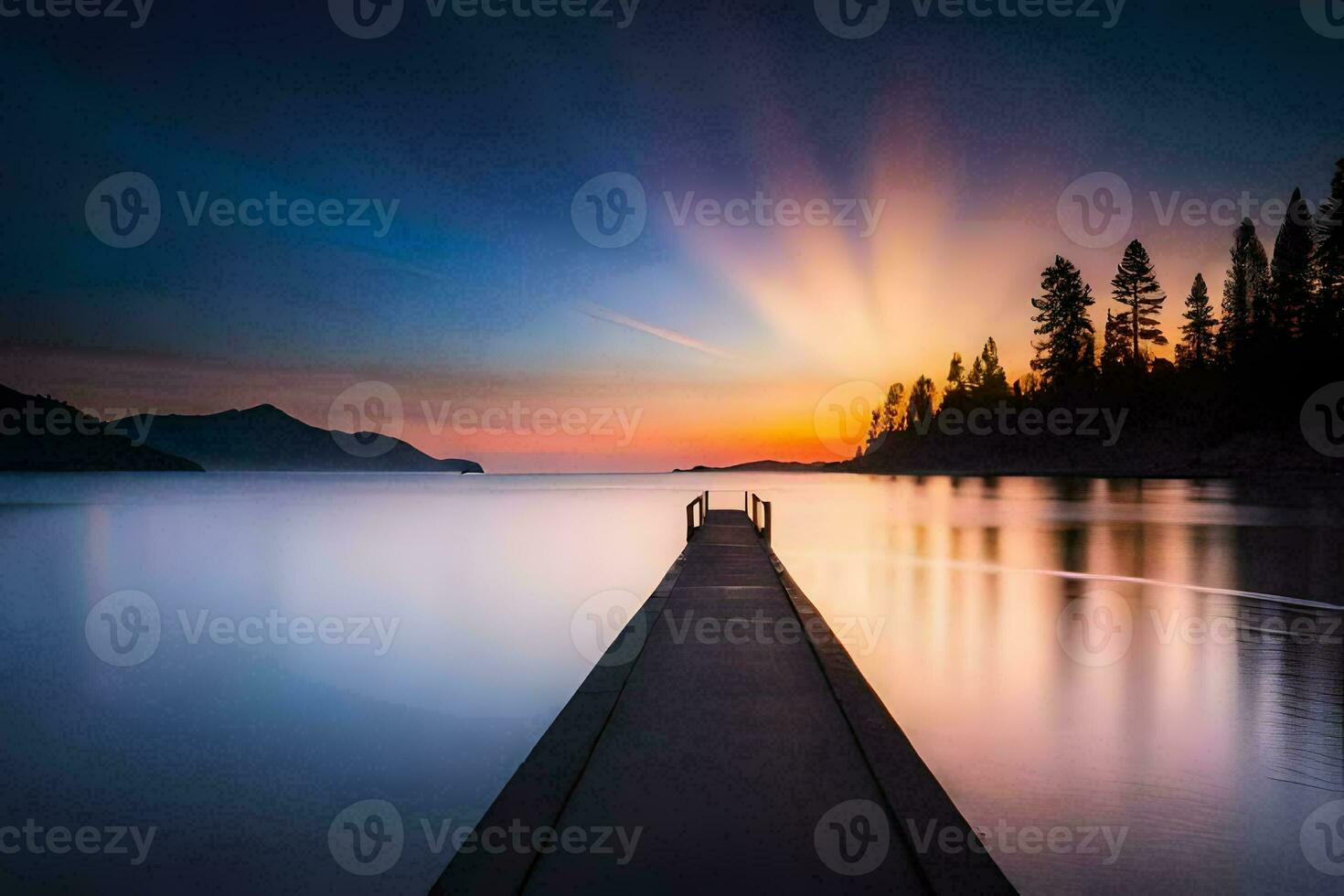 a pier in the middle of a lake at sunset. AI-Generated photo