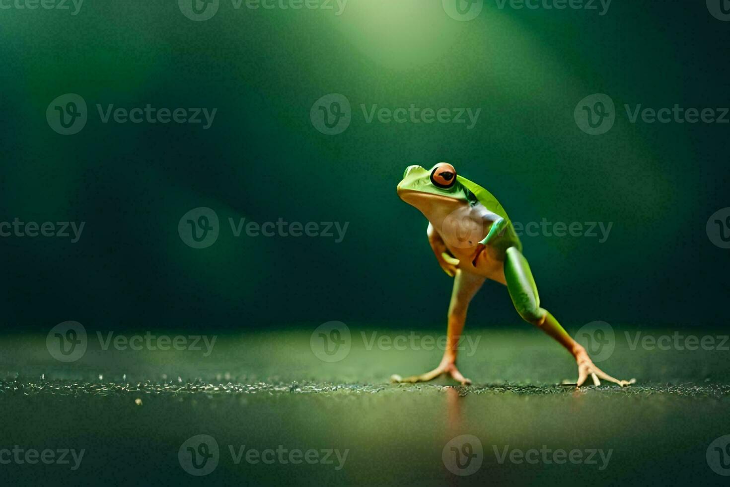 a frog standing on its hind legs with its legs spread. AI-Generated photo