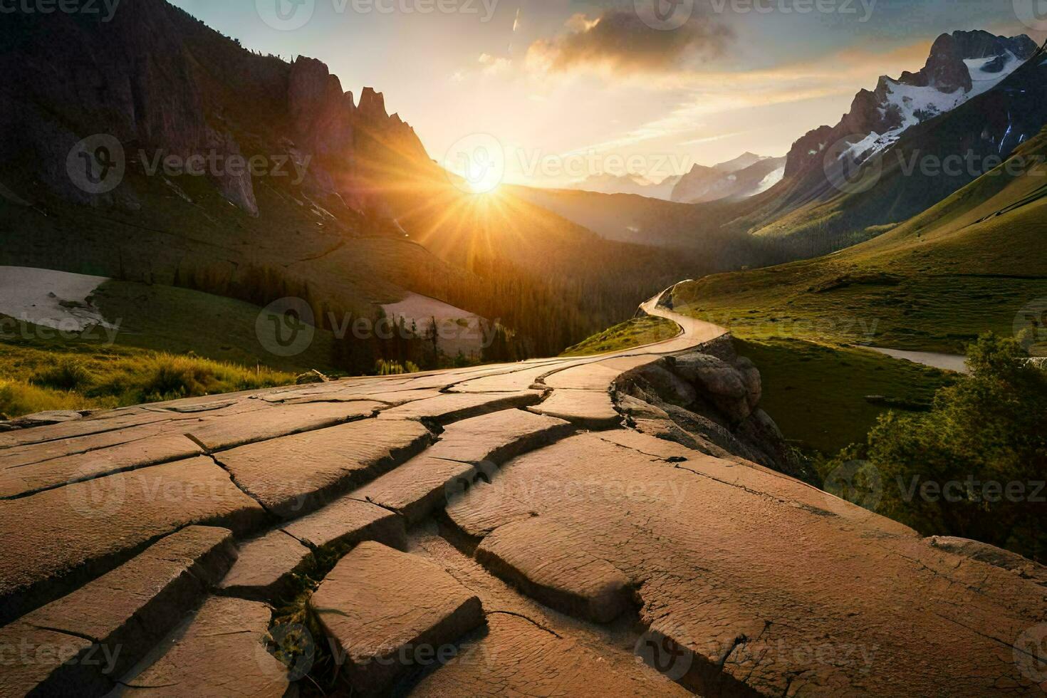 the sun rises over the mountains in the background. AI-Generated photo