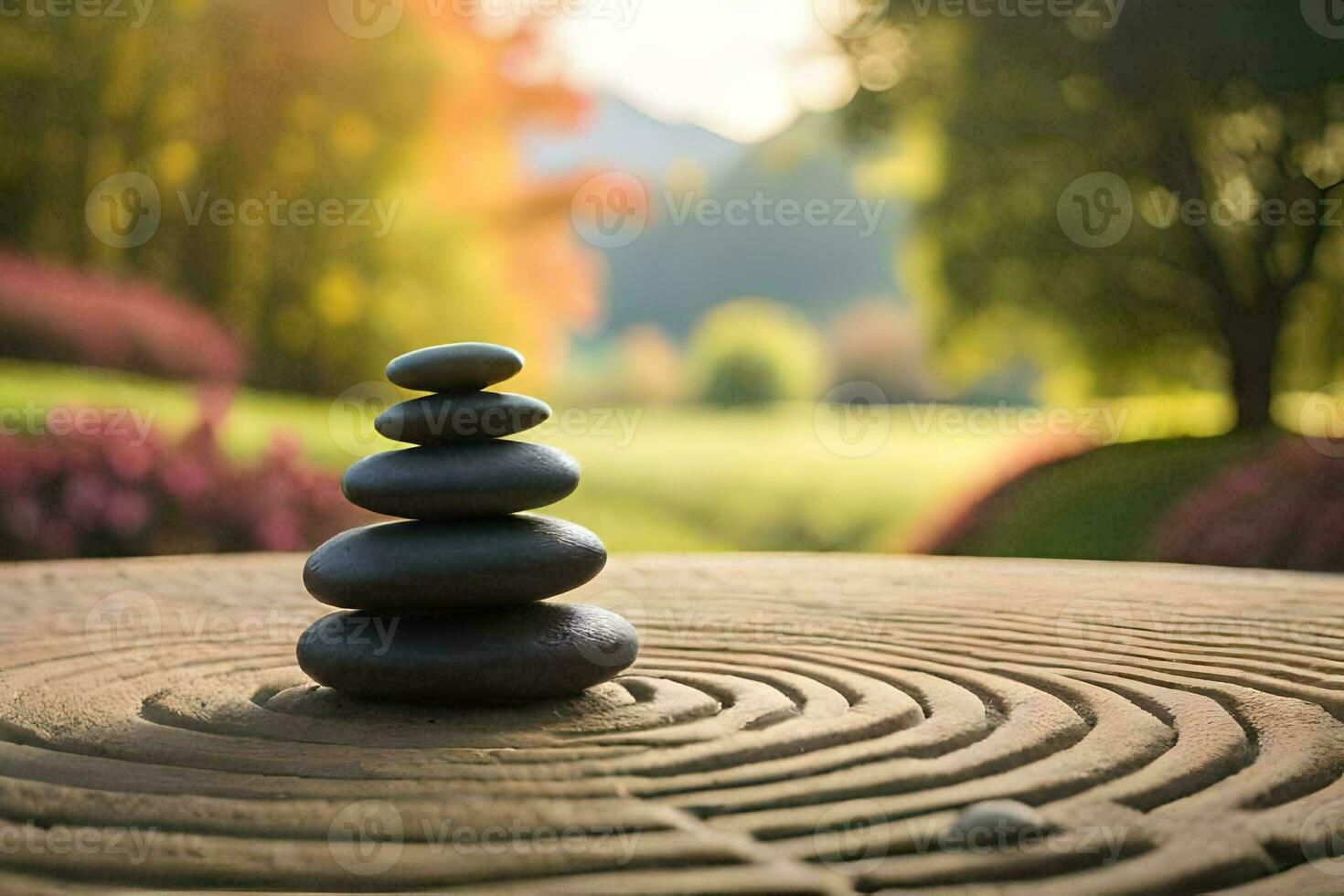 a stack of stones on top of a circular table. AI-Generated photo