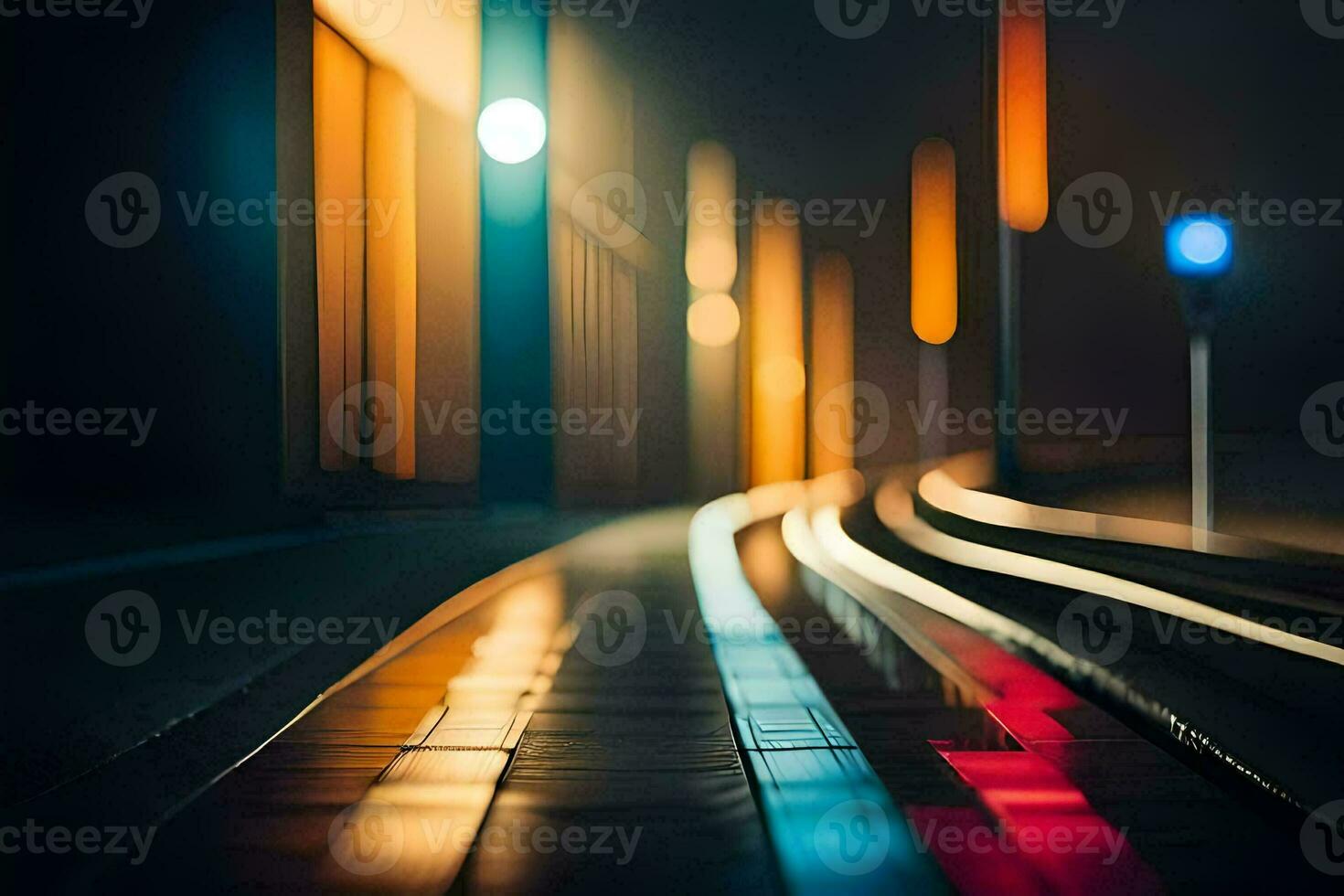 a blurry image of a train track at night. AI-Generated photo